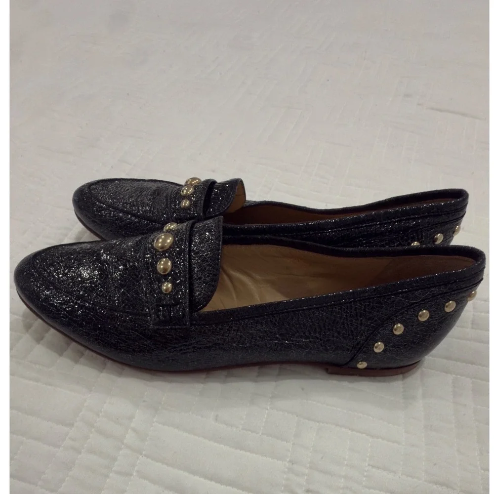 Etienne Aigner Black Crinkle Patent Studded Leather‎ Loafers Made in Spain 8.5 M